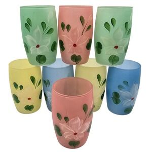 Vintage Bartlett Collins Frosted Pastel Glasses Hand Painted Floral Set of 8